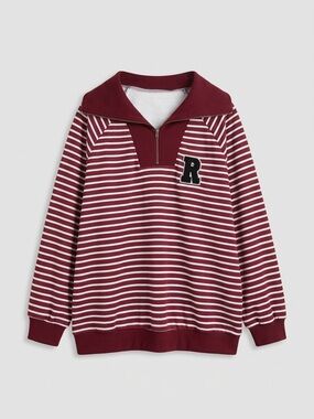 Inawly Burgundy and White Striped Half-Zip Pullover Cottagecore Fall